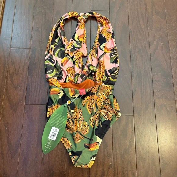 FARM RIO One Piece Swimsuit Toucananas Plunge Halter Bathing Suit Tropical NWT - Picture 4 of 9